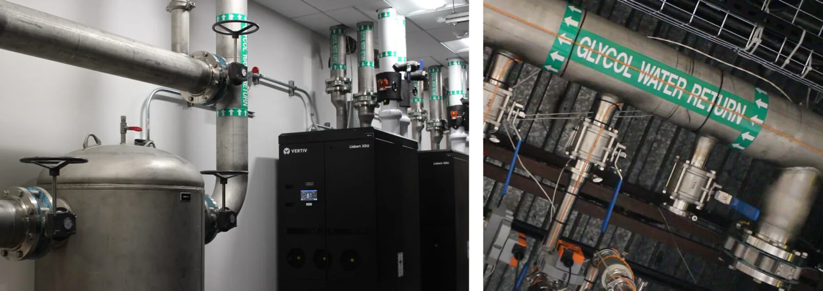 Cañerías de coolant que fluyen desde una unidad de distribución a los servidores en un loop cerrado
