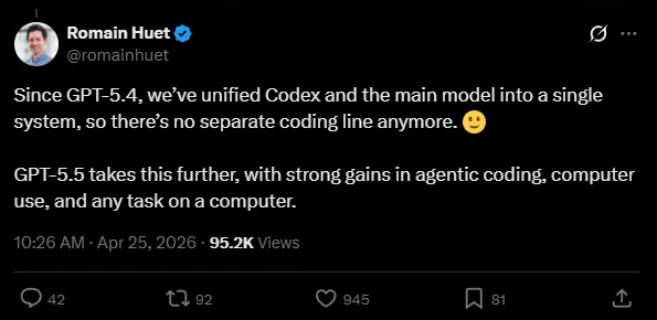 Romain Huet de OpenAI dice que ya no hay un modelo Codex separado a partir de GPT-5.4. | Screenshot: vía X