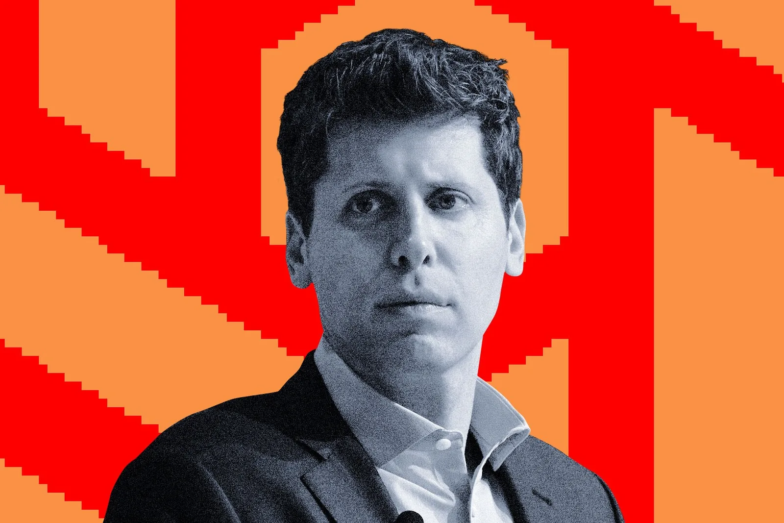 Collage de Sam Altman frente al logo de OpenAI