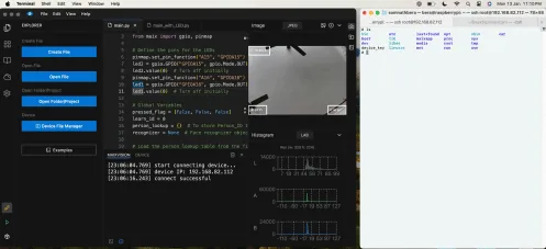 Fig. 7 El IDE MaixVision (izquierda) y la terminal SSH (derecha), usados para programar y administrar la MaixCam