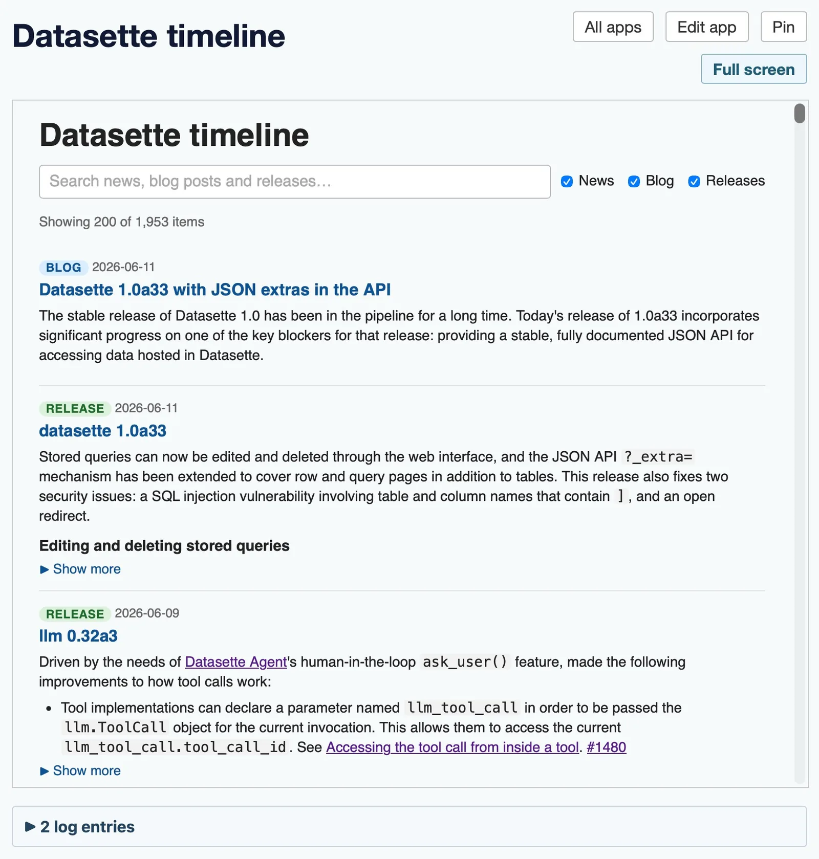 Datasette Apps: HTML+JS con SQL embebido y sandbox CSP