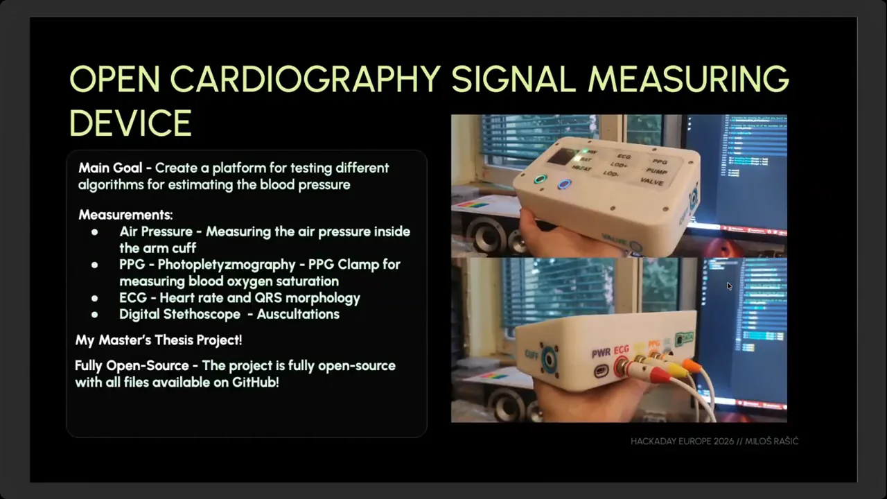 Prototipo del Open Cardiography Signal Measuring Device desarrollado por Milos Rasic con entradas para ECG, PPG y estetoscopio digital
