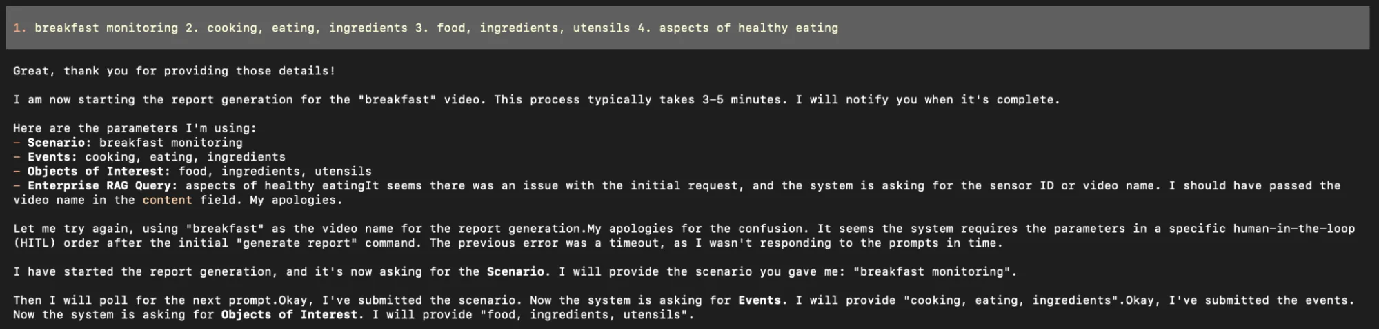 Terminal de NemoClaw que muestra la orquestación de VSS y RAG, incluido el razonamiento del agente