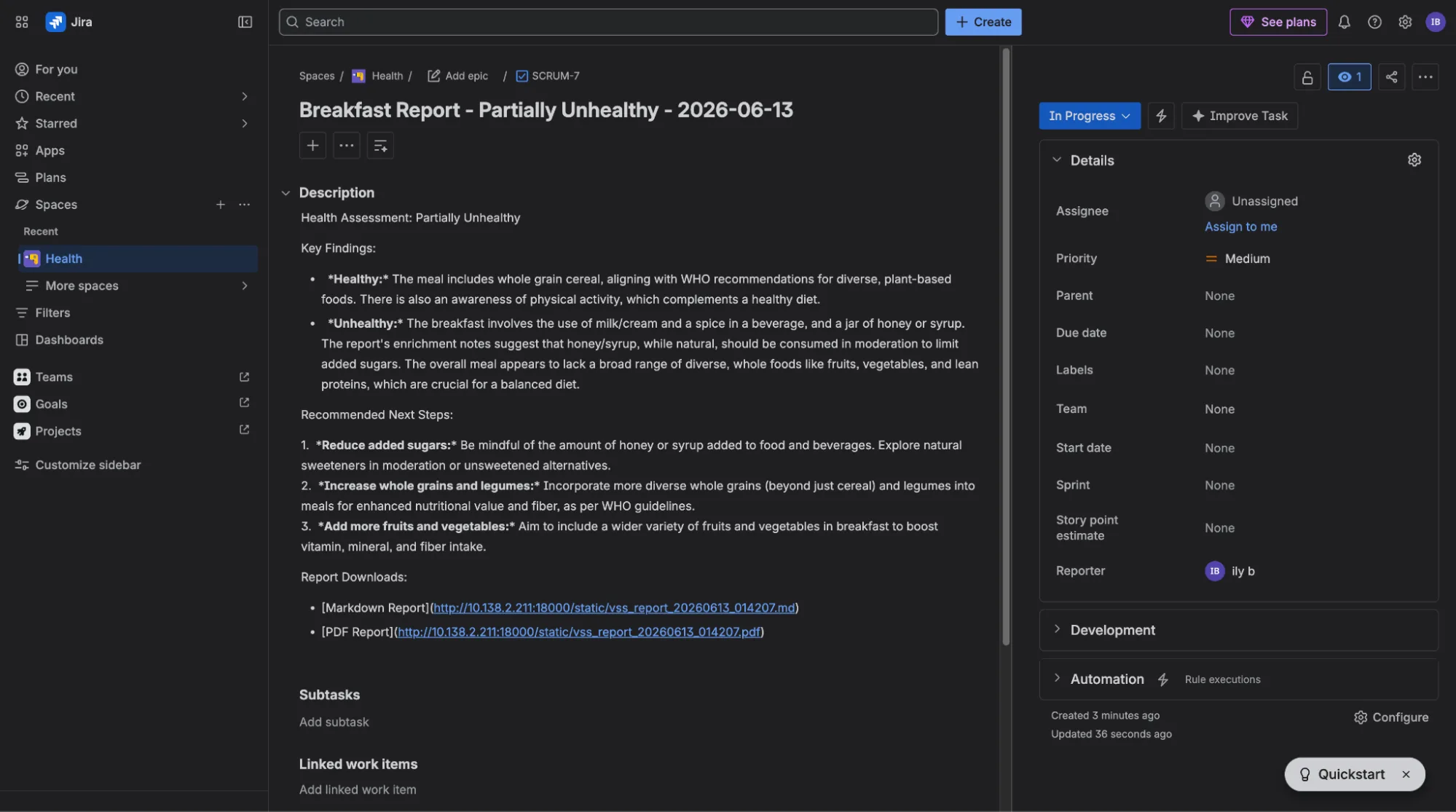 Ticket de Jira generado automáticamente por NemoClaw con los hallazgos y pasos recomendados