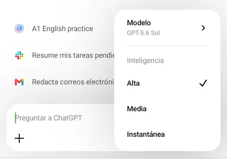 Selector de modelos en ChatGPT Plus para móviles